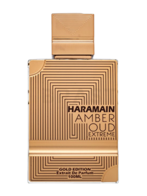 Prostokątny flakon perfum Haramain Amber Oud Extreme w szczotkowanym złotym kolorze, z przezroczystym bokiem ukazującym płyn, z widocznym napisem Haramain Amber Oud Extreme.
