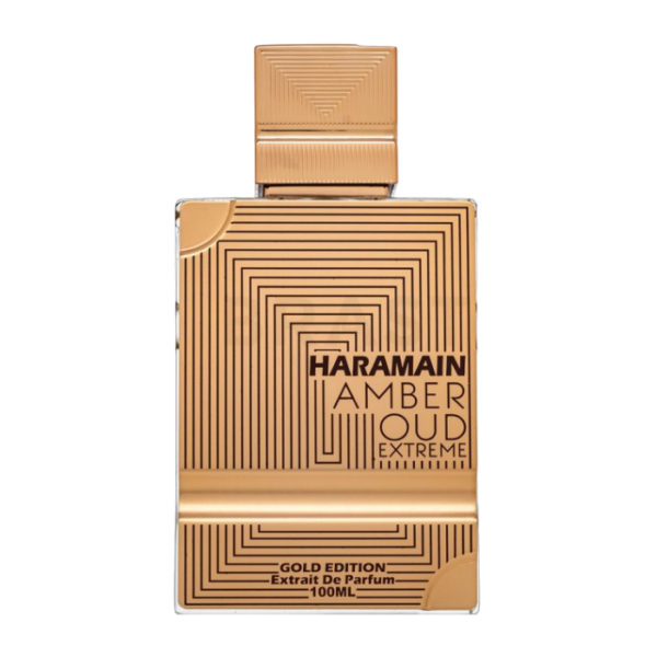 Prostokątny flakon perfum Haramain Amber Oud Extreme w szczotkowanym złotym kolorze, z przezroczystym bokiem ukazującym płyn, z widocznym napisem Haramain Amber Oud Extreme.