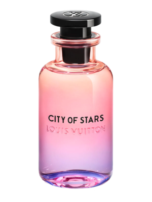 Elegancki flakon perfum Louis Vuitton City of Stars z gradientowym designem w odcieniach pomarańczu, różu i fioletu, odzwierciedlający magiczną atmosferę Los Angeles nocą i jego ekstrawagancję.
