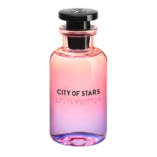 Elegancki flakon perfum Louis Vuitton City of Stars z gradientowym designem w odcieniach pomarańczu, różu i fioletu, odzwierciedlający magiczną atmosferę Los Angeles nocą i jego ekstrawagancję.