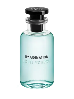 Elegancki flakon perfum Louis Vuitton Imagination, wykonany z jasnego szkła w odcieniu turkusu, z gładkim, minimalistycznym designem, odzwierciedlający świeżość i cytrusowo-aromatyczny charakter zapachu.