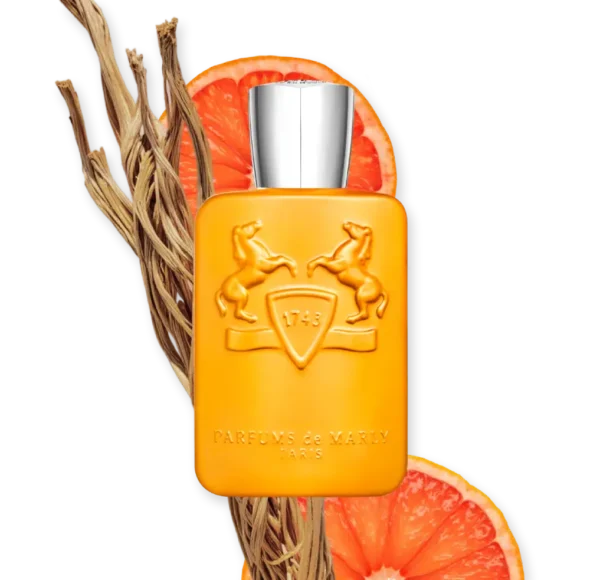 Flakon perfum Parfums de Marly Perseus, klasyczny, w kolorze żółto-złotym, z widocznym brandingiem i nazwą.