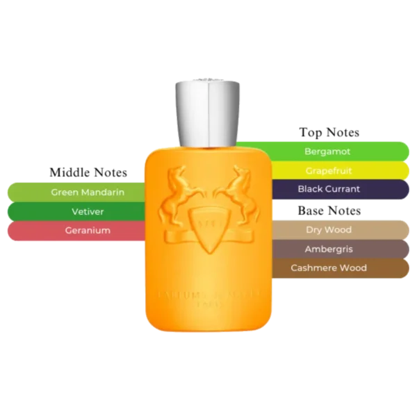 Flakon perfum Parfums de Marly Perseus, stylowy, w jasnozłotym odcieniu, z logo marki i nazwą na etykiecie.