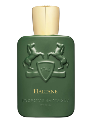 Flakon perfum Parfums de Marly Haltane, z widocznym logo marki i nazwą.