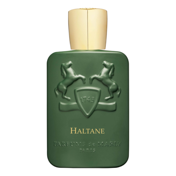 Flakon perfum Parfums de Marly Haltane, z widocznym logo marki i nazwą.