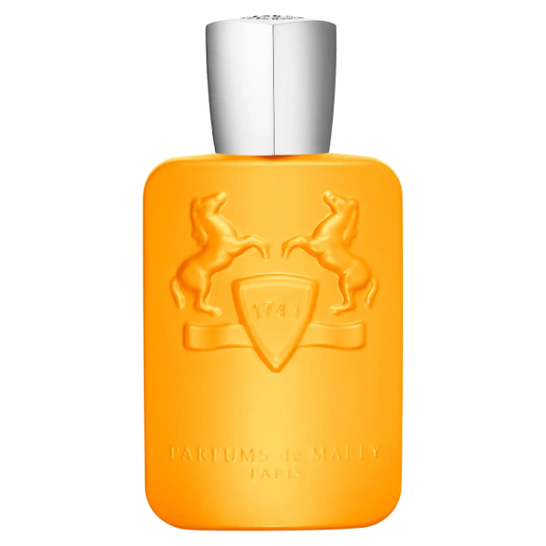 Flakon perfum Parfums de Marly Perseus, elegancki, w jasnym żółtym lub złotym kolorze, z widocznym logo marki i nazwą.