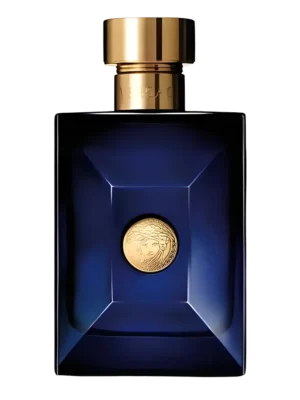 Granatowy, prostokątny flakon perfum Versace Dylan Blue, z wizerunkiem złotego Meduzy i złotym korkiem, na czarnym tle.