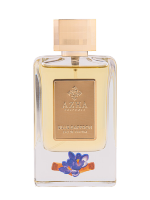 Luksusowy flakon perfum Azha Blue Saffron o pojemności 100 ml, z eleganckim designem odzwierciedlającym orientalny charakter i wyrafinowane nuty zapachowe, takie jak szafran.
