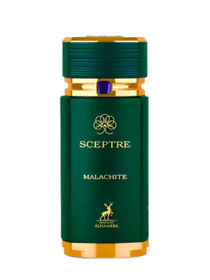 Flakon perfum Maison Alhambra Sceptre Malachite, ciemnozielony, prostokątny, ze złotymi akcentami, fioletowym kamieniem i logo jelenia.