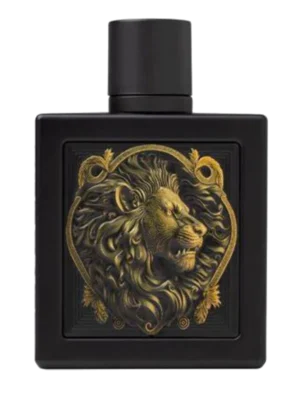 Flakon perfum Rayhaan Lion w kształcie lwa, w złotym lub miedzianym kolorze, z widocznym logo marki i nazwą.