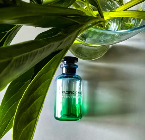 Flakon perfum Louis Vuitton Pacific Chill sfotografowany z góry, częściowo przysłonięty przez duże, zielone liście. Obok widać szklane naczynie.