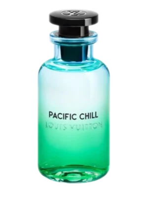 Eleganckie perfumy LV Louis Vuitton Pacific Chill wykonany z zielonego szkła, odzwierciedlający kalifornijski styl życia i energię oceanu, z minimalistycznym designem i poczuciem świeżości.