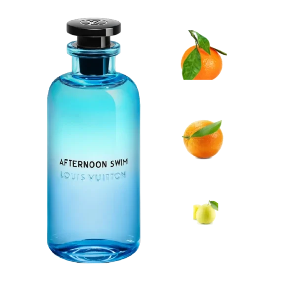 Flakon perfum Louis Vuitton Afternoon Swim po lewej stronie, a po prawej trzy cytrusowe owoce: dwie całe pomarańcze i kawałek cytryny na czarnym tle.