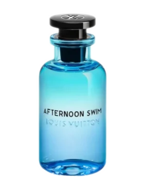 Flakon perfum Louis Vuitton Afternoon Swim w jasnoniebieskim kolorze, z czarnym korkiem z logo LV, z widocznym napisem Afternoon Swim i Louis Vuitton.