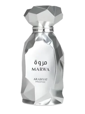 Luksusowy flakon perfum Marwa Arabiyat Prestige, charakteryzujący się eleganckim designem, prawdopodobnie z orientalnymi lub złotymi akcentami, odzwierciedlający świeżość i prestiż zapachu, będącego alternatywą dla Louis Vuitton Imagination.