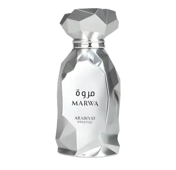 Luksusowy flakon perfum Marwa Arabiyat Prestige, charakteryzujący się eleganckim designem, prawdopodobnie z orientalnymi lub złotymi akcentami, odzwierciedlający świeżość i prestiż zapachu, będącego alternatywą dla Louis Vuitton Imagination.
