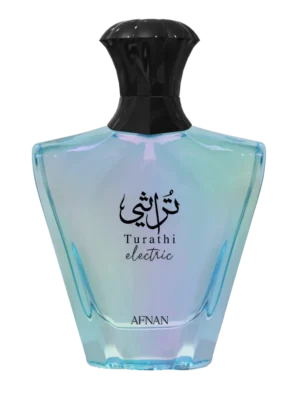 Elegancki, prostokątny flakon perfum Afnan Turathi Electric z ciemnego lub przezroczystego szkła i wyraźną, często metaliczną nakrętką, odzwierciedlający nowoczesny i elektryzujący charakter zapachu.