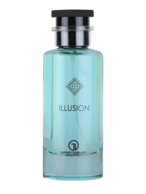 Flakon perfum Riiffs Grandeur Elite Illusion, widoczny z przodu z wyraźną etykietą i ozdobnym korkiem.