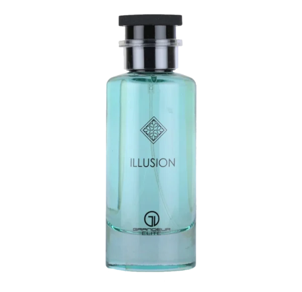 Flakon perfum Riiffs Grandeur Elite Illusion, widoczny z przodu z wyraźną etykietą i ozdobnym korkiem.