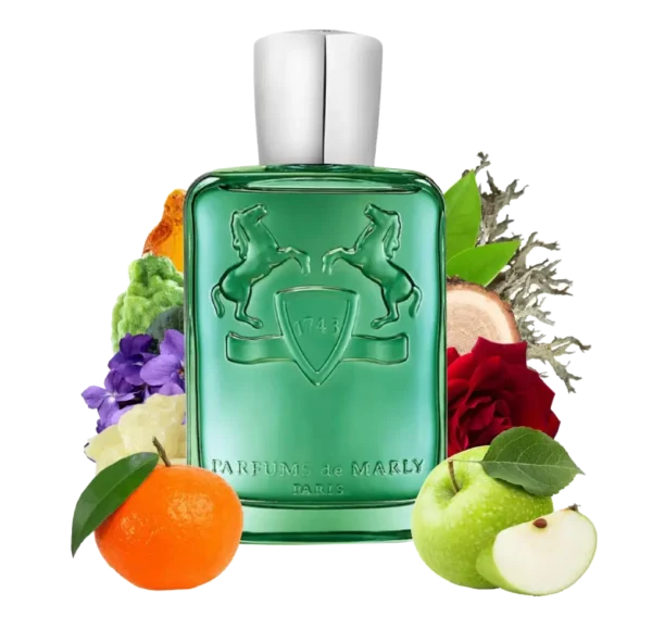 Flakon perfum Parfums de Marly Greenley, prezentujący nazwę i symbol marki.