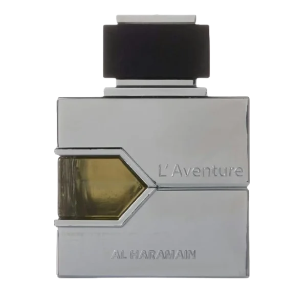 Flakon perfum Al Haramain L'Aventure, w kolorze srebrnym, z czarnym korkiem i złotym akcentem w geometrycznym kształcie, z widocznym napisem L'Aventure.