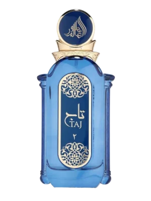 Flakon perfum Fragrance World Taj 2 w kolorze głębokiego błękitu, z elegancką, złotą etykietą z arabskimi napisami i okrągłym, granatowo-złotym korkiem z kaligraficznym logo.