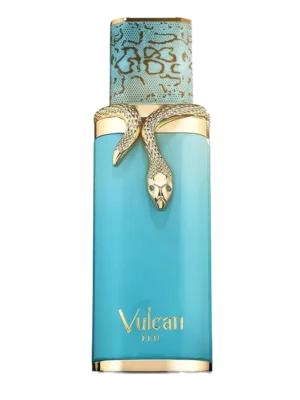 Flakon perfum French Avenue Vulcan Feu w turkusowym kolorze, ze złotymi detalami, w tym wężem owiniętym wokół szyjki i ozdobnym korkiem z wytłoczonym wzorem, z widoczną nazwą Vulcan Feu.