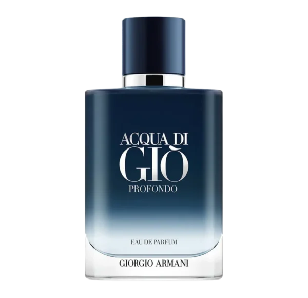 Granatowy flakon perfum Giorgio Armani Acqua di Gio Profondo Eau de Parfum, z metalicznym pierścieniem pod ciemnogranatową nakrętką, z białym napisem ACQUA DI GIO i PROFONDO.