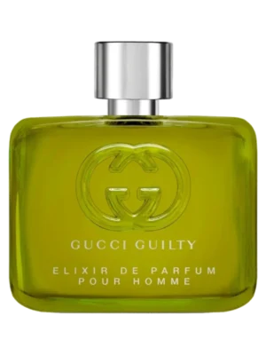 Prostokątny flakon perfum Gucci Guilty Elixir de Parfum Pour Homme w kolorze limonkowo-zielonym, z metalowym korkiem i dużym, wytłoczonym logo GG na środku.