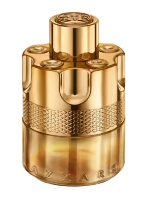 Złoty flakon perfum Azzaro Wanted Elixir w kształcie bębenka rewolweru, z metalowym, teksturowanym korkiem, na czarnym tle.