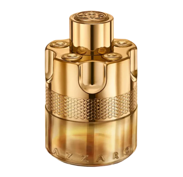 Złoty flakon perfum Azzaro Wanted Elixir w kształcie bębenka rewolweru, z metalowym, teksturowanym korkiem, na czarnym tle.