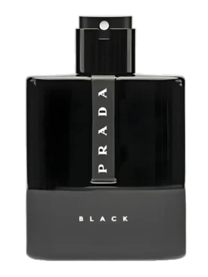 Czarny flakon perfum Prada Luna Rossa Black, z błyszczącą górną i matową dolną częścią, z widocznymi napisami PRADA i BLACK, na czarnym tle.