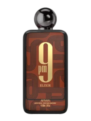 Czarny, prostokątny flakon perfum Afnan 9pm Elixir, z brązowo-złotym wzorem w stylu retro i dużym, okrągłym, błyszczącym korkiem.