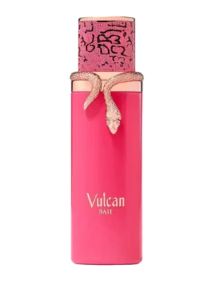 Flakon perfum French Avenue Vulcan Baie, w kolorze różowym, z różowym korkiem w panterkę i owiniętym wokół szyjki, srebrnym wężem.