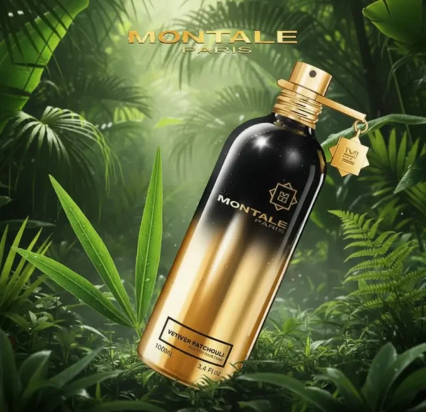 Flakon perfum Montale Vetiver Patchouli z gradientem od czerni do złota, stojący w tropikalnym lesie, z dużym liściem wetywerii w pobliżu.
