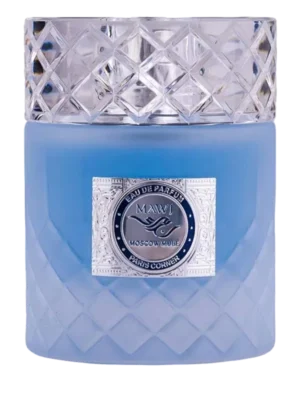 Flakon perfum Paris Corner Mawj Moscow Mule, w kształcie błękitnego walca z diamentowym wzorem, ze srebrno-niebieską etykietą i przezroczystym, rzeźbionym korkiem.