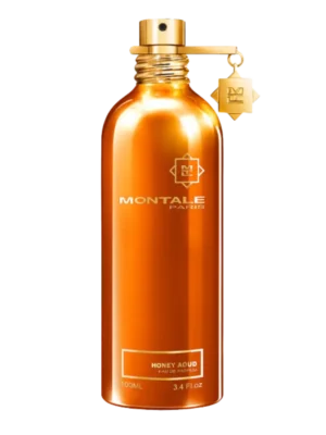 Cylindryczny flakon perfum Montale Honey Aoud w kolorze metalicznej miedzi, z błyszczącą fakturą i srebrnym korkiem z zawieszką.
