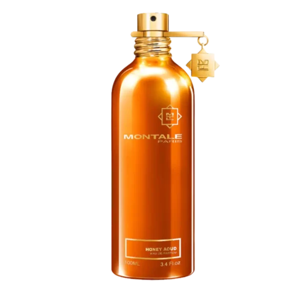 Cylindryczny flakon perfum Montale Honey Aoud w kolorze metalicznej miedzi, z błyszczącą fakturą i srebrnym korkiem z zawieszką.