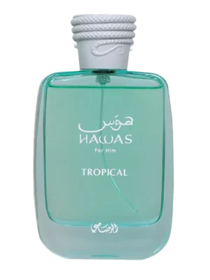 Flakon perfum Rasasi Hawas Tropical, z miętowo-zielonym płynem, prostokątnym kształtem z zaokrąglonymi krawędziami oraz białym korkiem o fakturze liny.