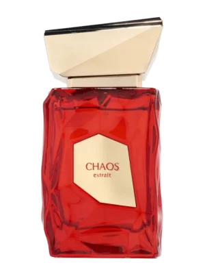 Czerwony, przezroczysty flakon perfum French Avenue Chaos o geometrycznej, popękanej fakturze, ze złotym korkiem w kształcie sześcianu.