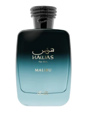Flakon perfum Rasasi Hawas Malibu w kolorze żywej, różowej magenty, z czarnym, teksturowanym korkiem i zdobieniem na szyjce przypominającym splot liny.