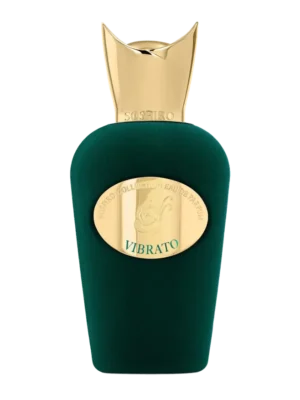 Okrągły flakon perfum Sospiro Vibrato w kolorze jaskrawej, neonowej zieleni z aksamitną fakturą, zwieńczony dużą, ozdobną, złotą koroną.