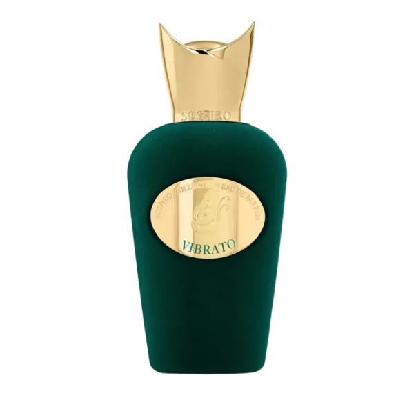 Okrągły flakon perfum Sospiro Vibrato w kolorze jaskrawej, neonowej zieleni z aksamitną fakturą, zwieńczony dużą, ozdobną, złotą koroną.